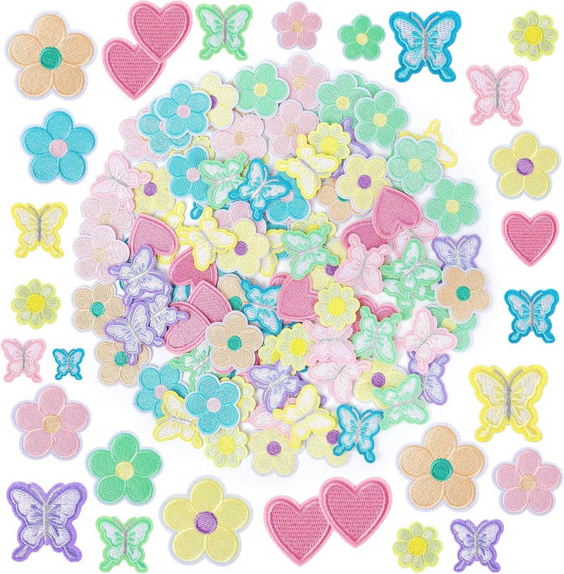 NICEVINYL Iron on Embroidery Patches Flower for Clothing: 100PCS Pastel Butterfly Heart Embroidered Patches - Cute Sew on Small Applique Patches for Fabric Jackets Jeans - Image 1